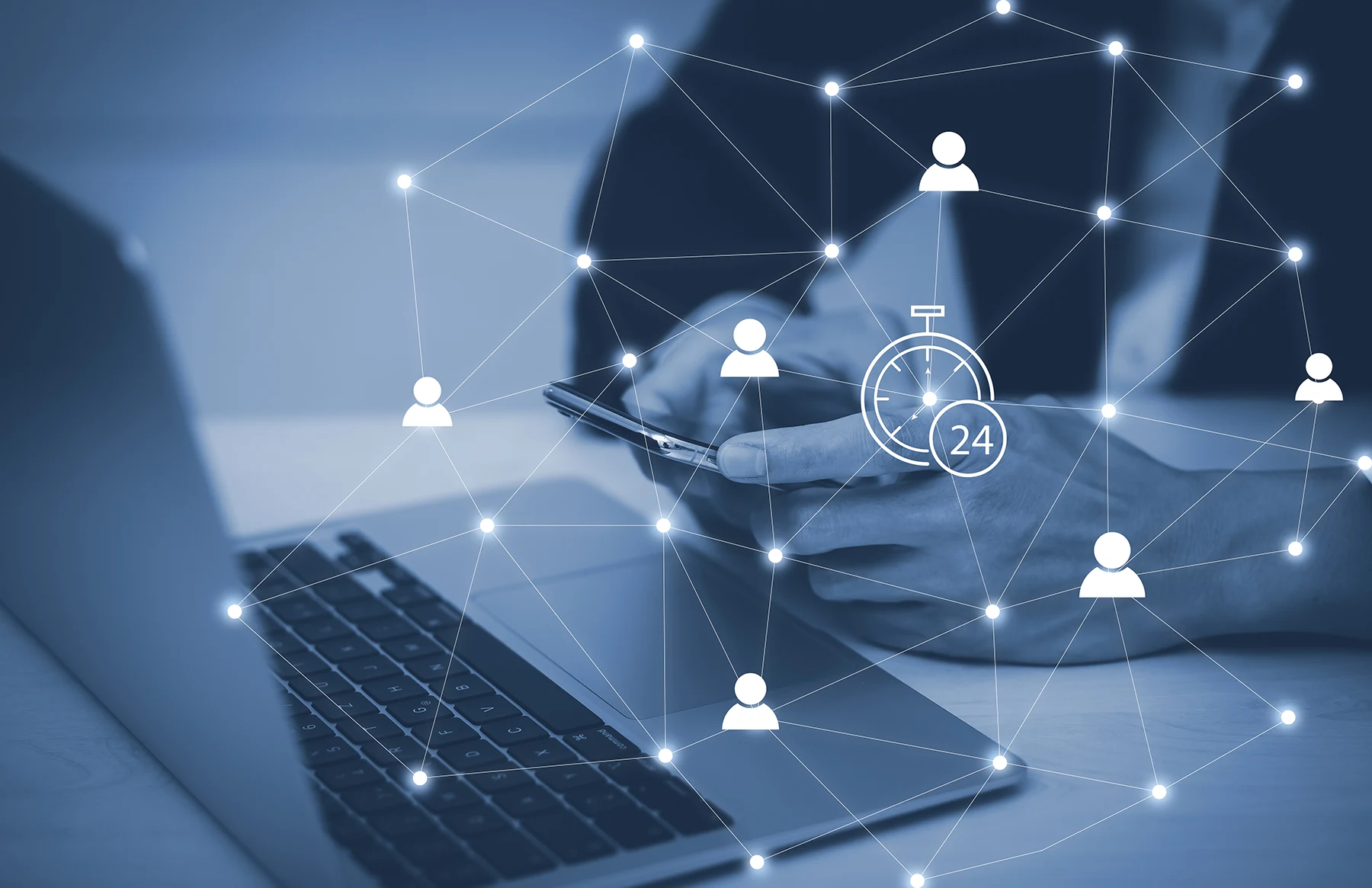 Hands holding a phone beside a laptop with time management icons overlaid
