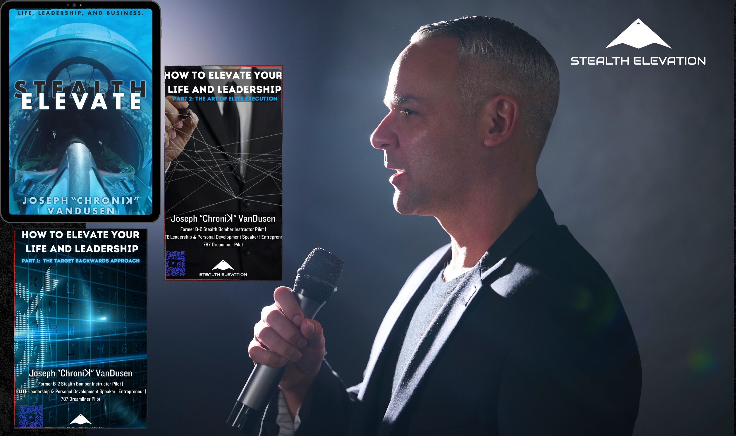 Joseph "Chroniꓘ" VanDusen speaking on stage with a microphone, shown with his book covers and the Stealth Elevation logo