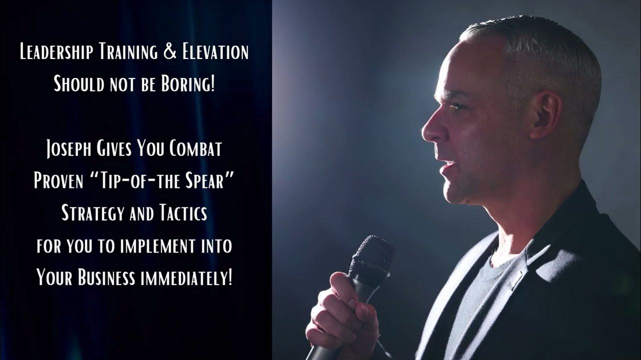 Joseph VanDusen speaking on stage with a microphone, with leadership training text overlay