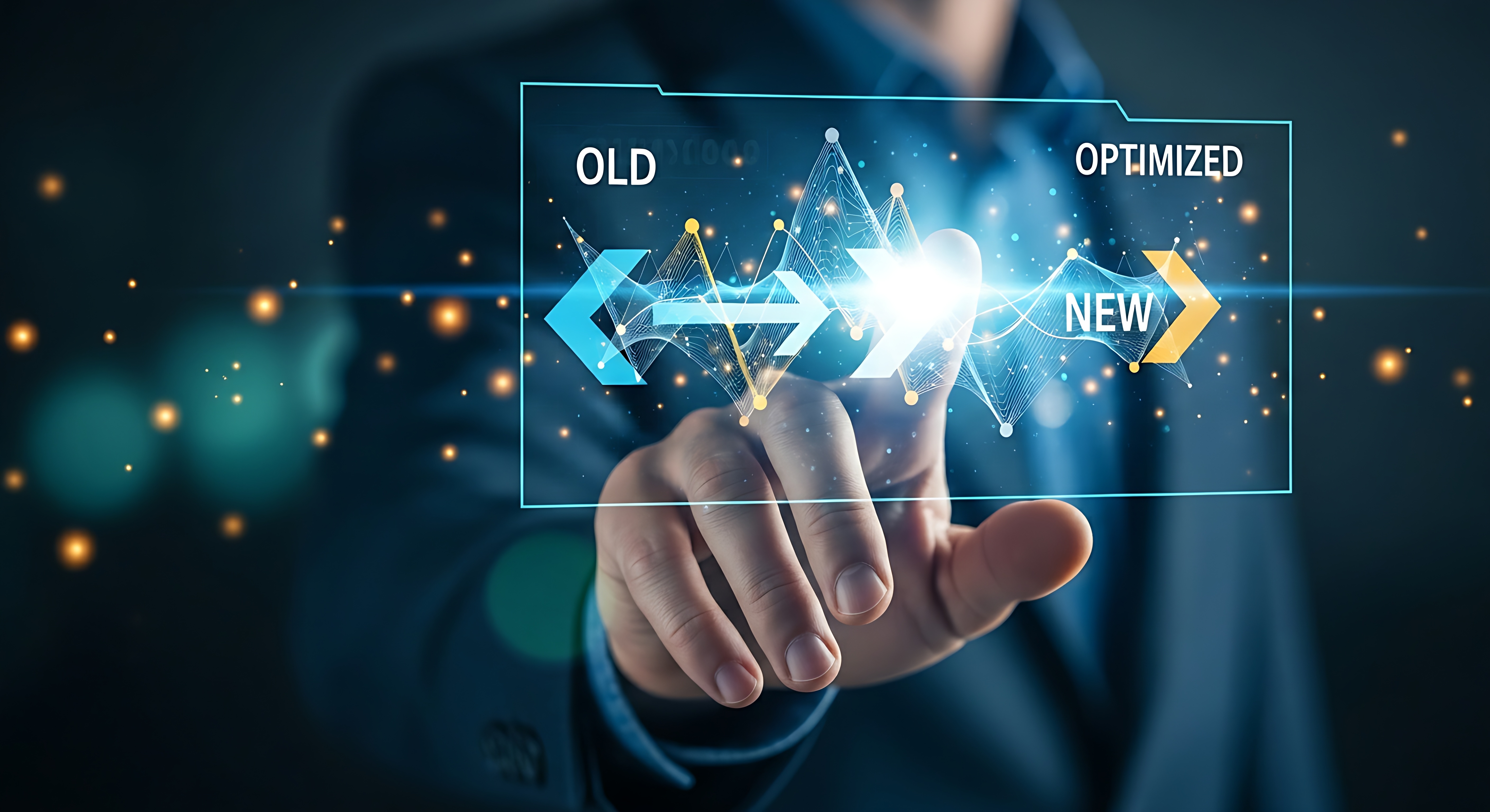 Person pointing at a graphic showing Old to New/Optimized transformation
