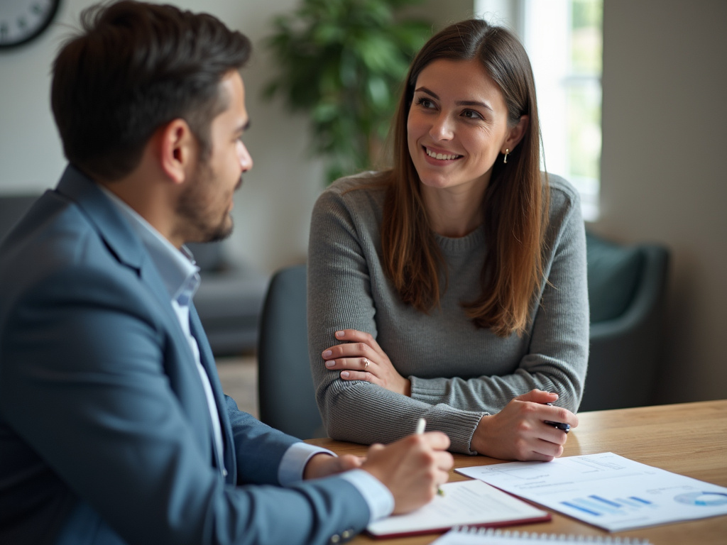 Two professionals discussing documents and charts at a desk