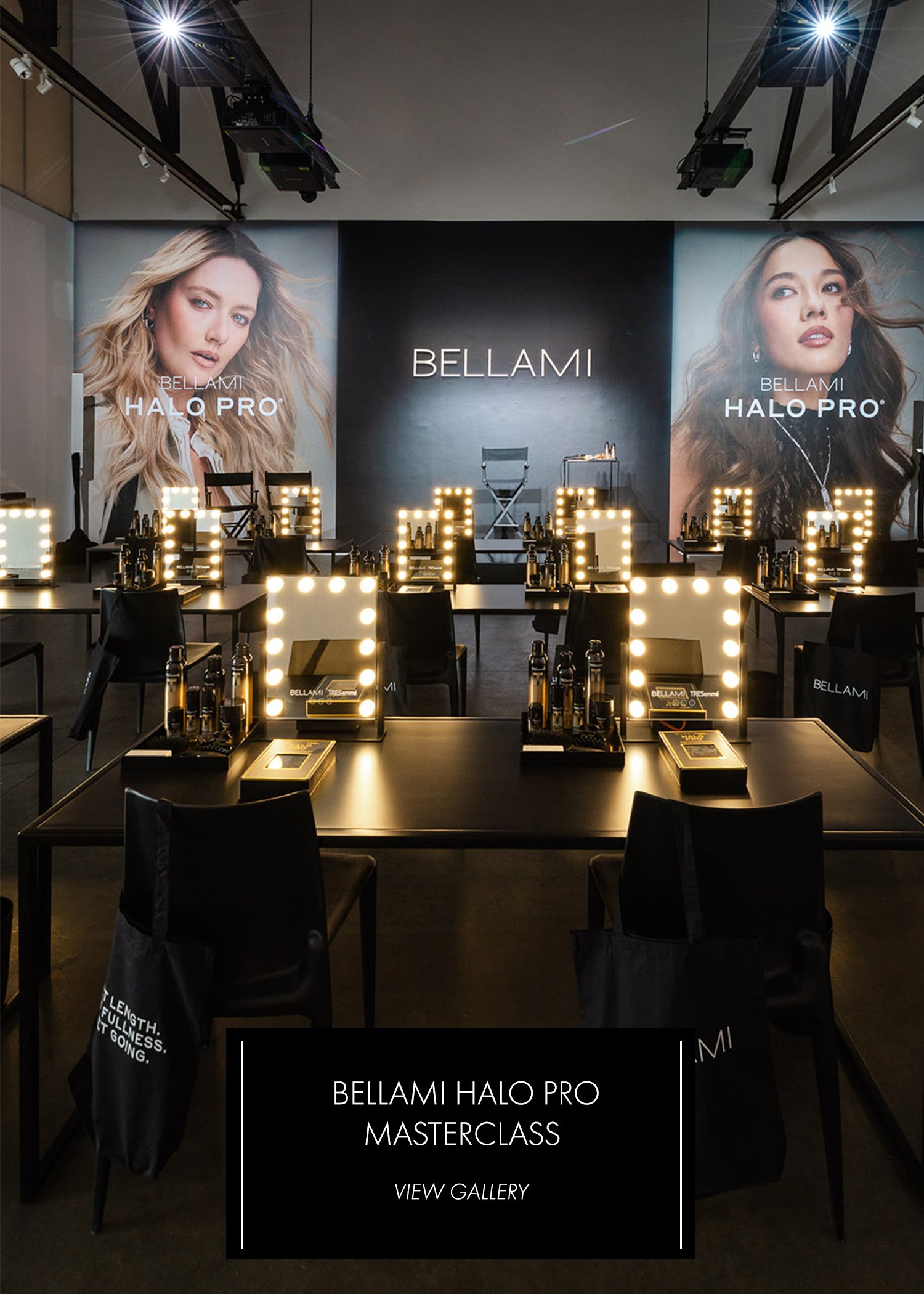 Bellami Halo Pro Masterclass — attendees at lit vanity mirrors facing the presenter stage with large brand imagery backdrops