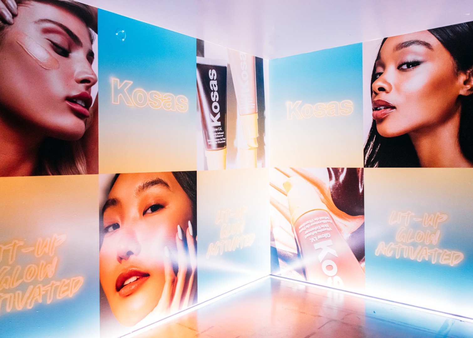Kosas Glow IV Launch immersive mirror room with brand imagery panels