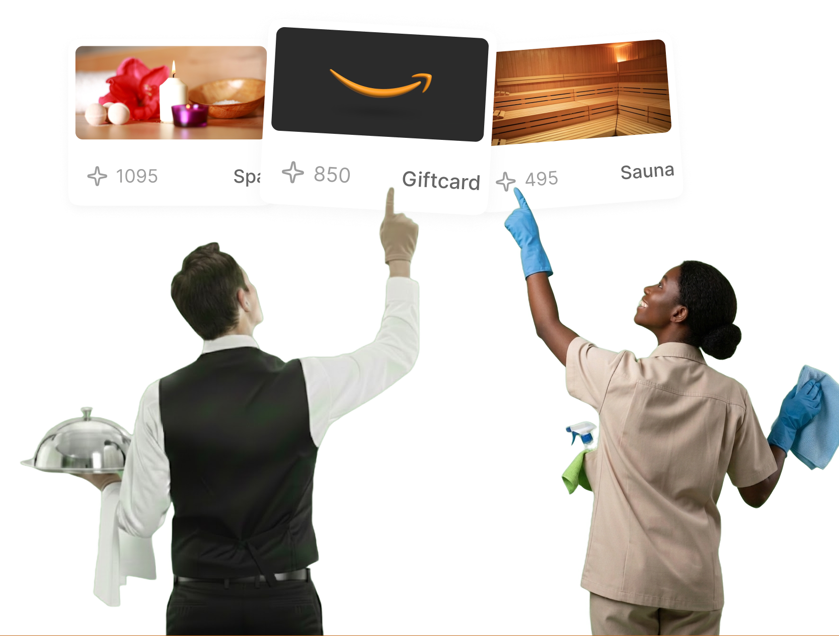 A waiter and a cleaner viewed from behind, pointing up at floating reward cards for a spa, Amazon gift card and sauna on a black background
