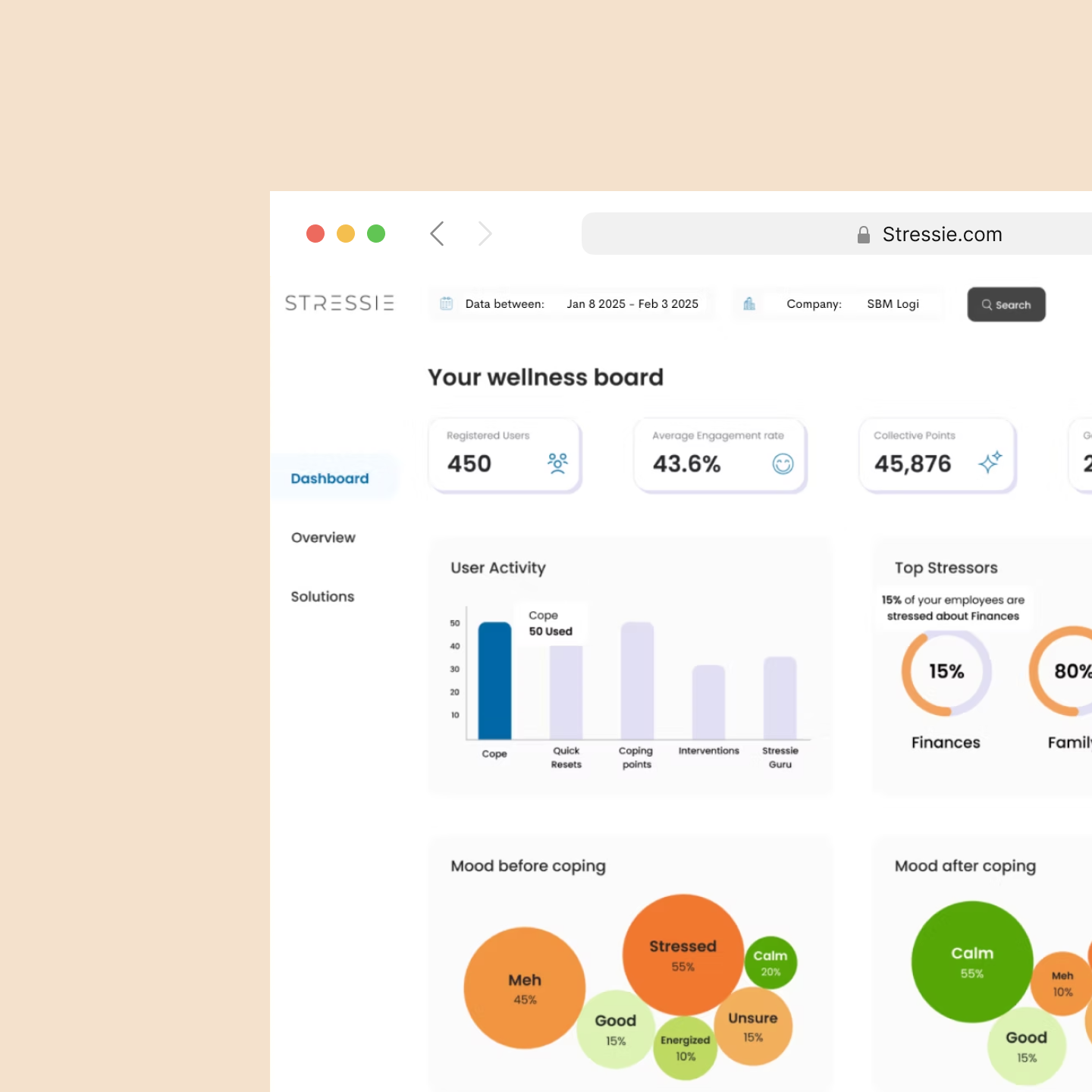 Stressie web dashboard showing user activity, top stressors and mood bubble charts