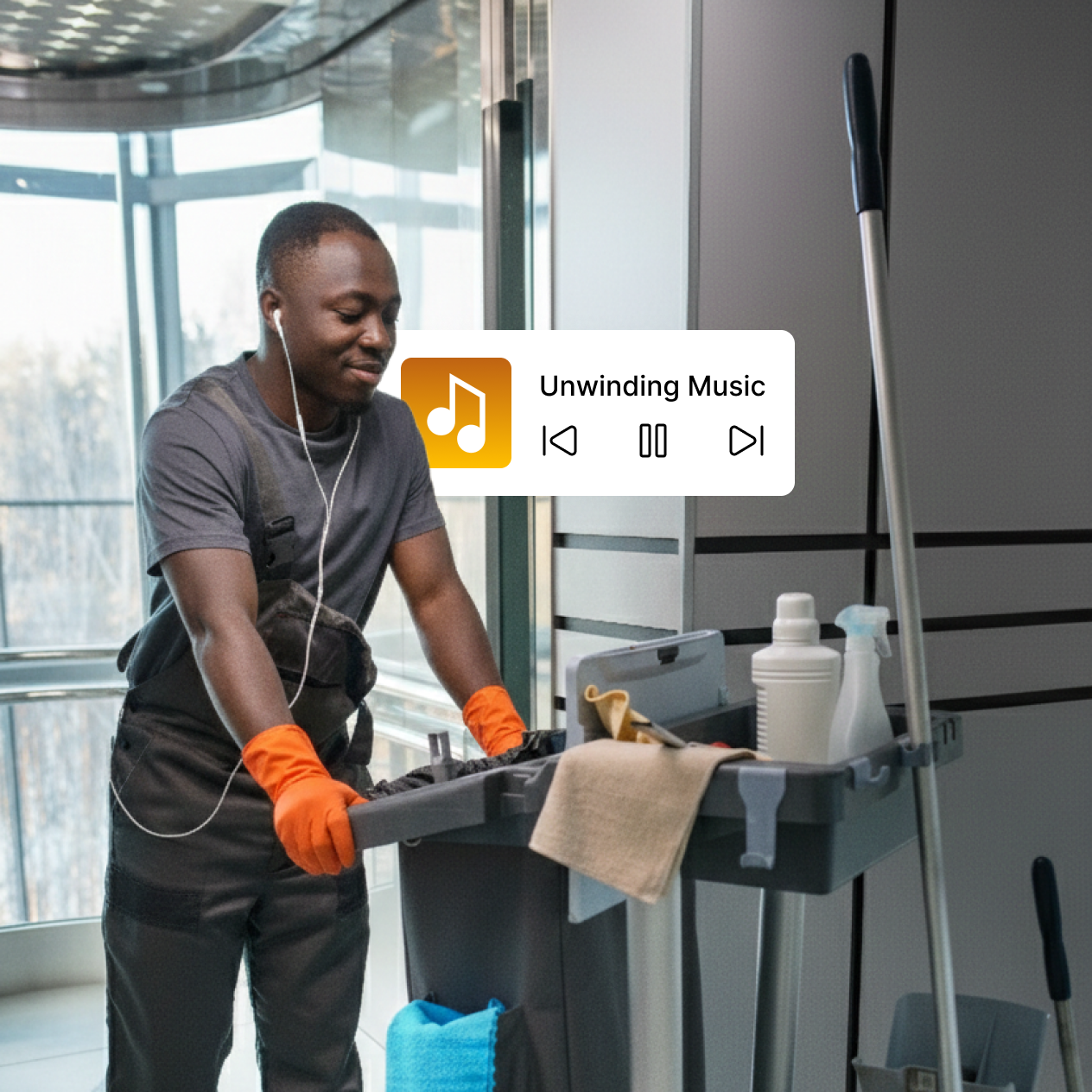 Cleaning worker with orange gloves pushing a janitorial cart with an Unwinding Music app overlay