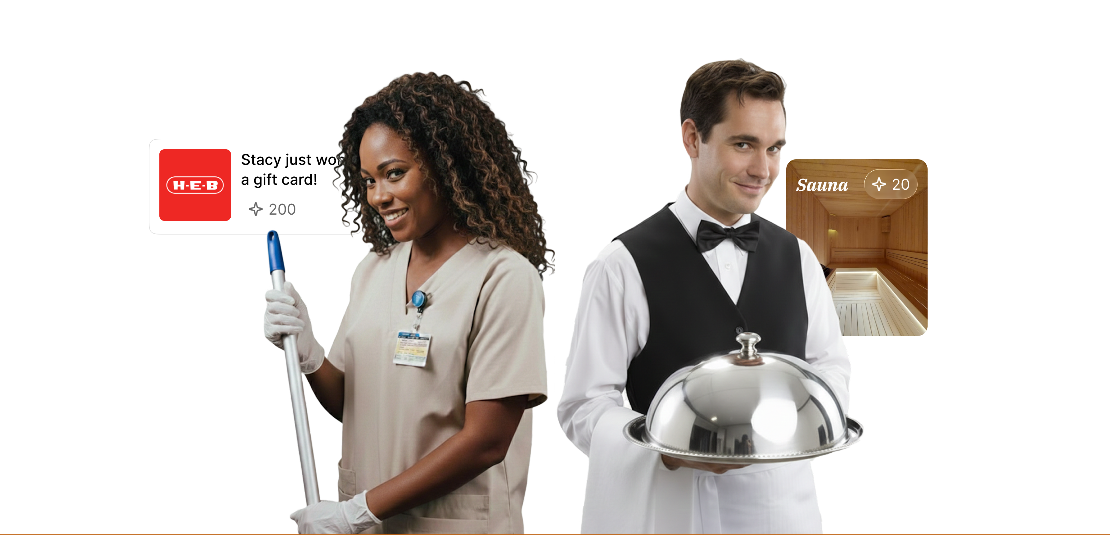 A waiter holding a silver cloche and a cleaner pointing up at floating app reward cards for a spa, HEB gift card and sauna, on a black background