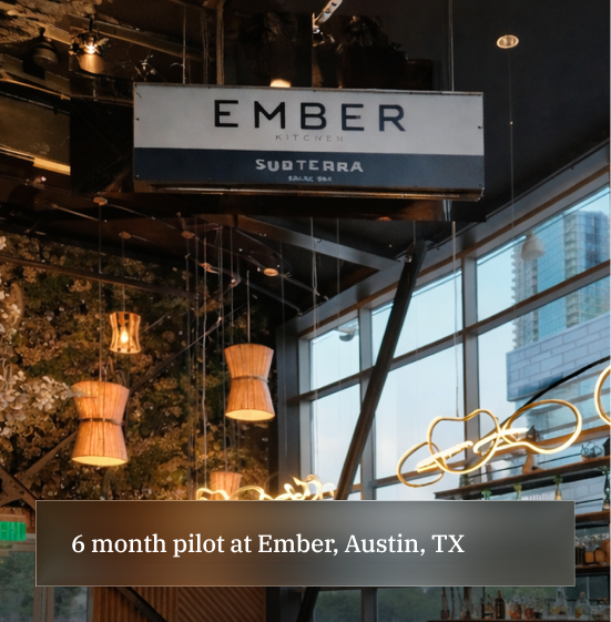 Interior of Ember Kitchen restaurant in Austin, Texas — captioned 6 month pilot at Ember, Austin, TX