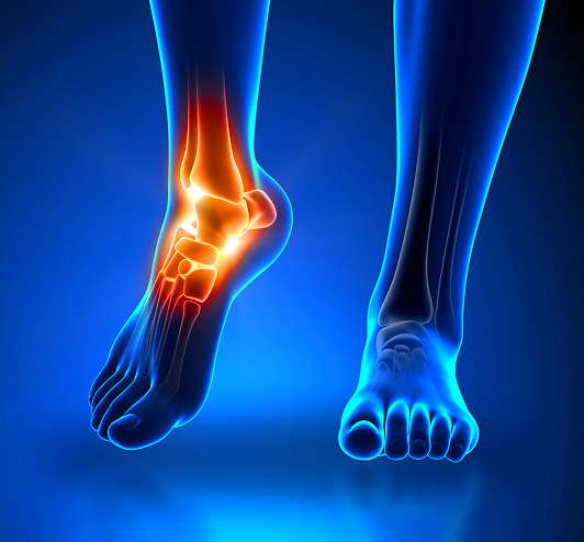3D x-ray illustration of foot and ankle bones with a glowing ankle joint