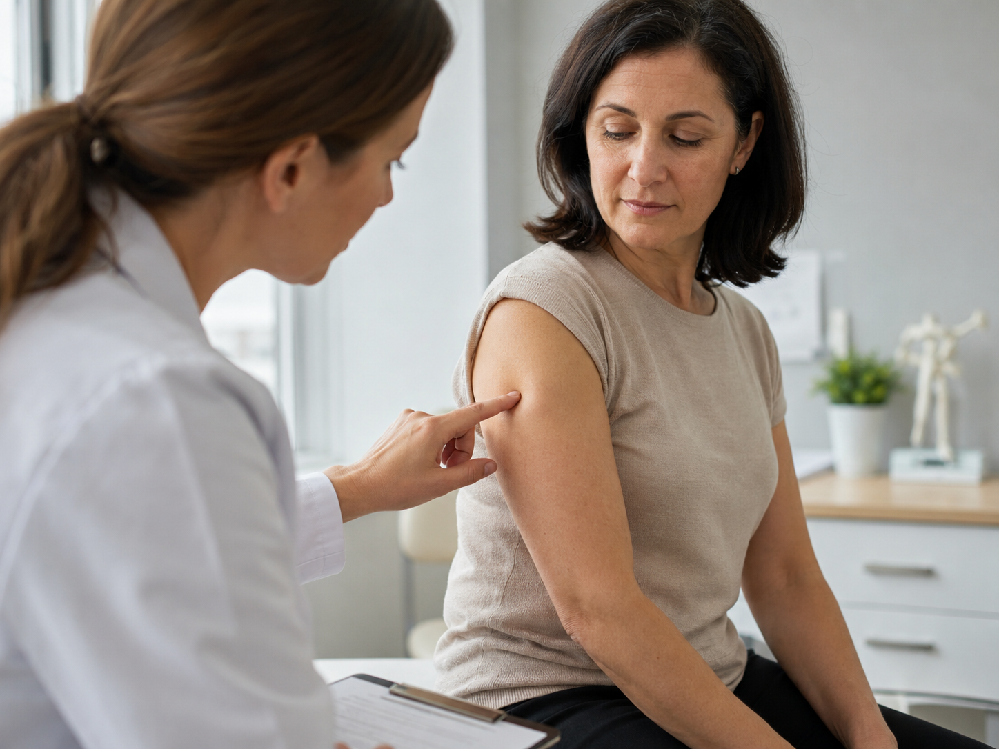 Doctor examining a lipoma on a patient's upper arm