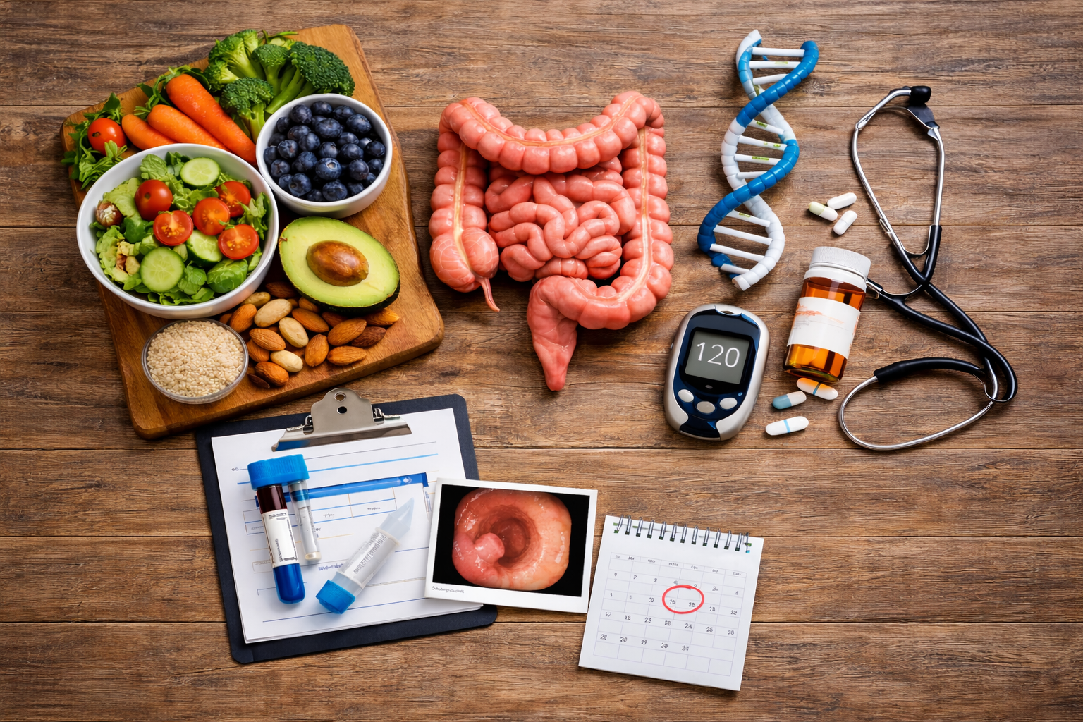 Flat-lay of colon-cancer risk-factor items including an intestine model and healthy foods