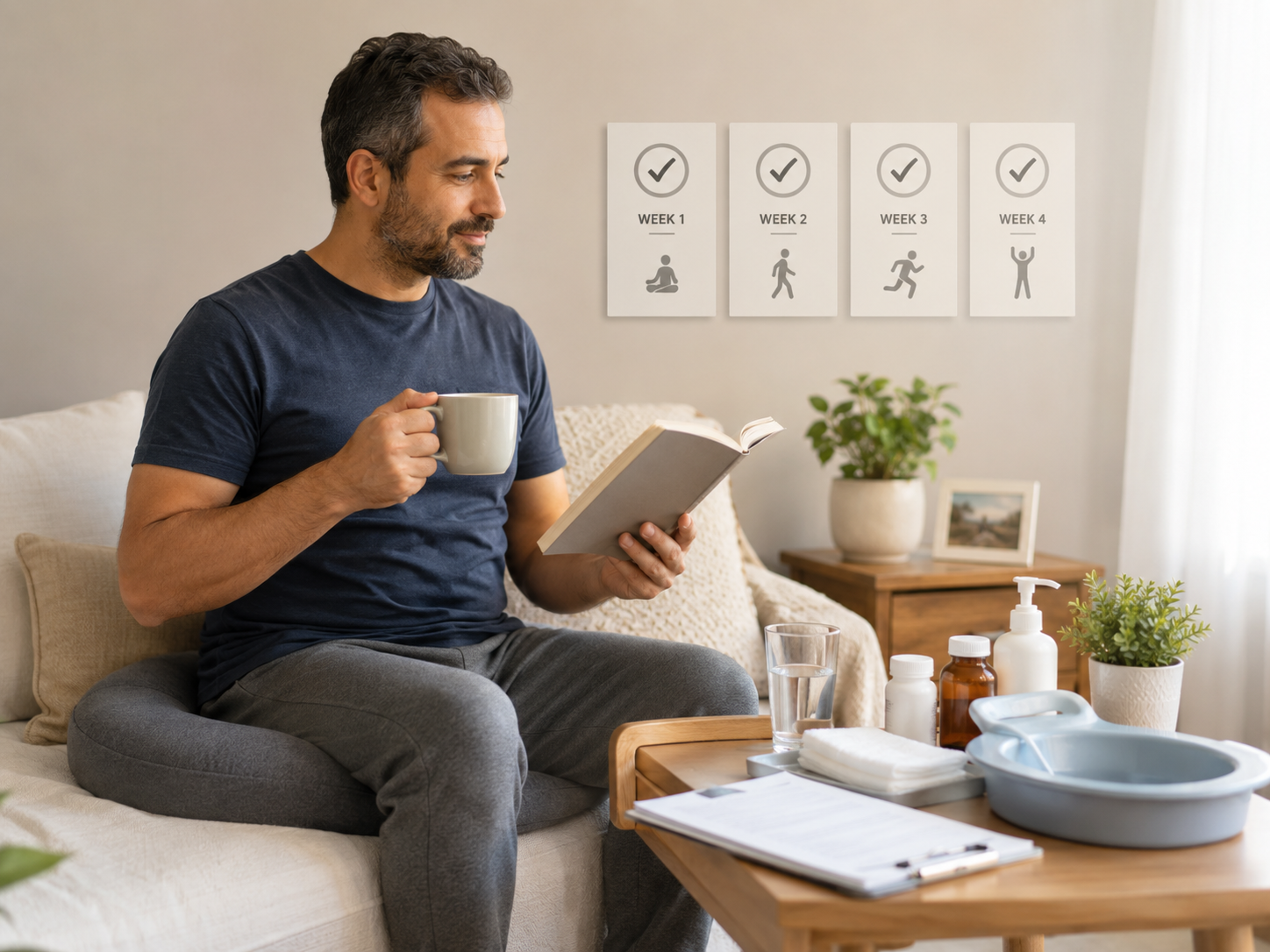 Man recovering at home on a sofa with a book