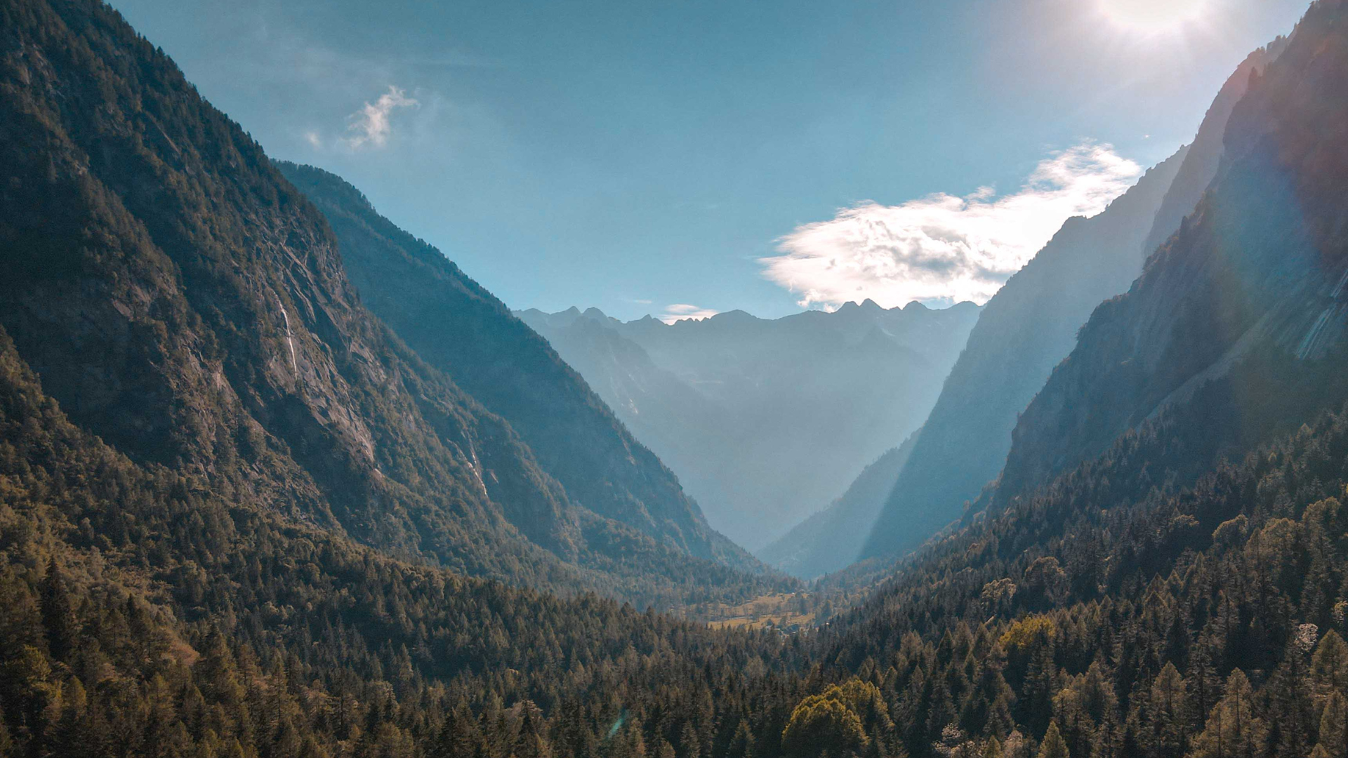 Aerial view of a forested mountain valley with hazy blue peaks in the distance