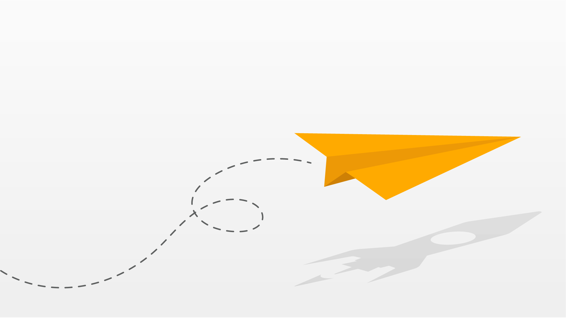 Orange paper airplane soaring along a dashed flight path