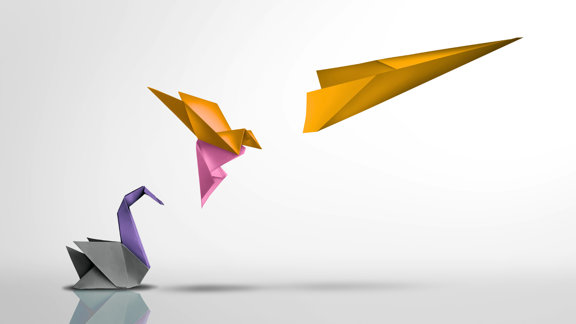 Origami figures transforming from swan to bird to paper airplane