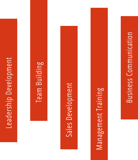 Infographic of five red bars: Leadership Development, Team Building, Sales Development, Management Training, Business Communication