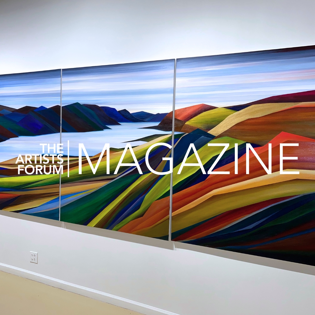 Large colorful landscape triptych painting installed on a gallery wall