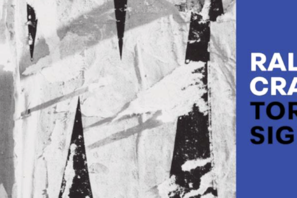 Torn-paper black and white collage artwork beside a blue sidebar