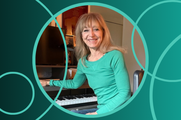 Shondra Jepperson smiling at a keyboard on a teal background