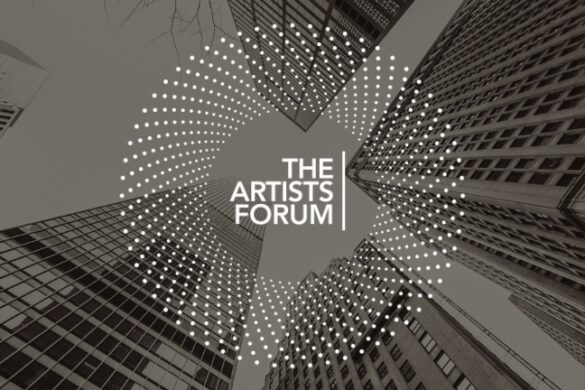 Upward view of skyscrapers with a dotted spiral Artists Forum graphic overlay