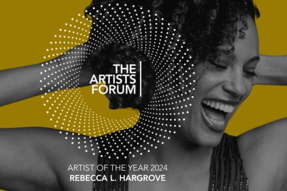 Yellow graphic with a black-and-white portrait of a laughing woman: Artist of the Year 2024 Rebecca L. Hargrove
