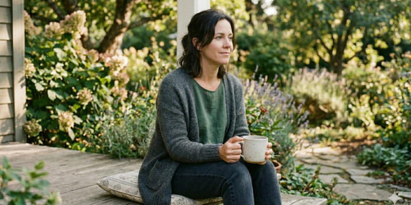 Woman sitting with coffee reflecting on stress, focus, and nervous system regulation