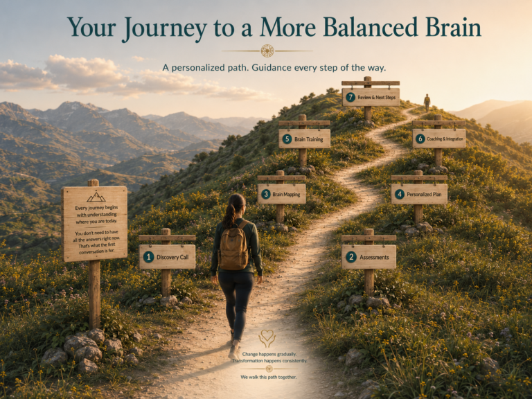 Your Journey to a More Balanced Brain — illustrated seven-step path from Discovery Call to Review and Next Steps
