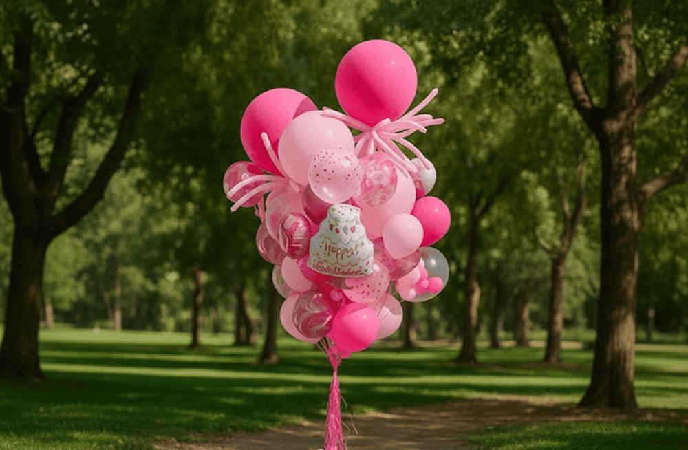 Bright pink balloon bouquet with a birthday-cake foil balloon in a park