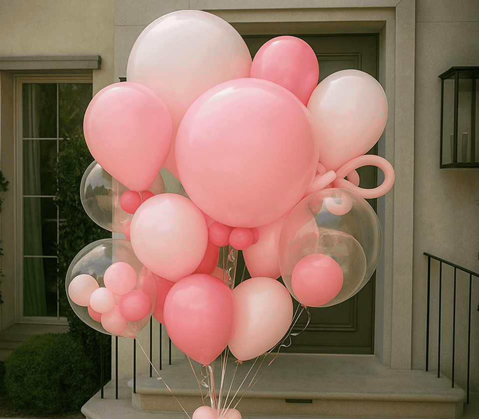Pink and white balloon bouquet cluster at a residential doorway