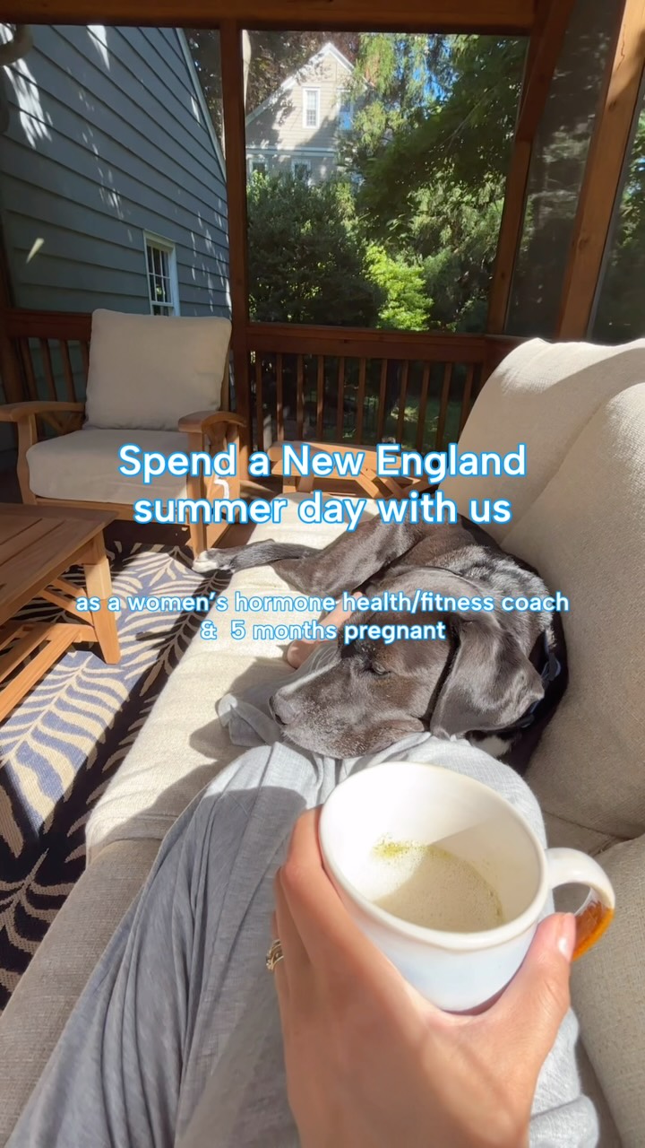 Porch scene with a coffee mug and a sleeping dog, captioned spend a New England summer day with us