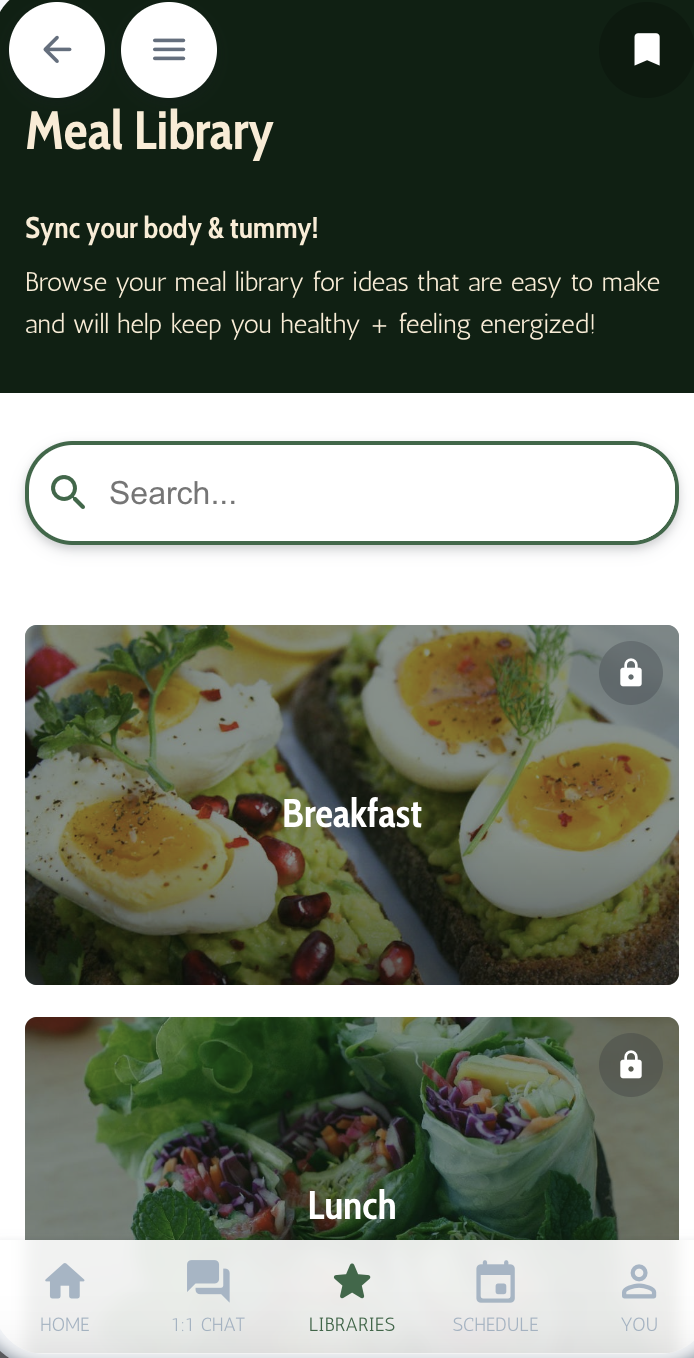 The Body Sync app Meal Library screen with Breakfast and Lunch tiles