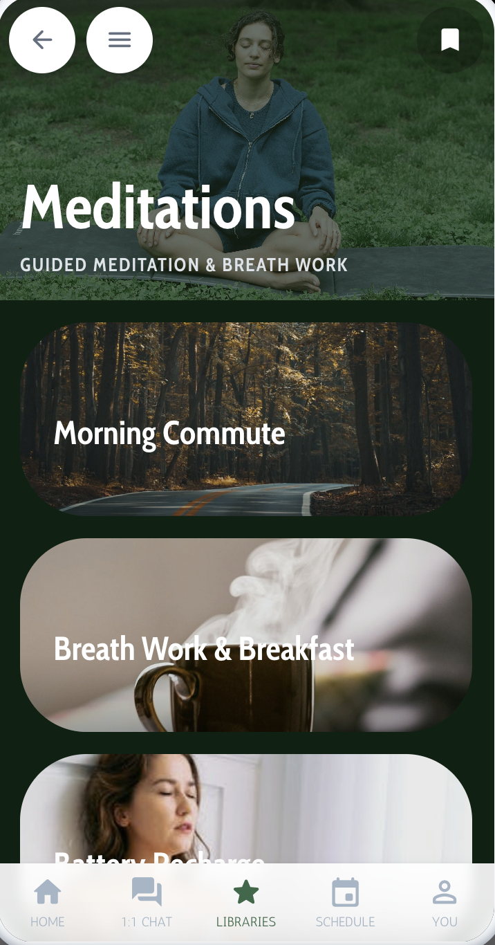 The Body Sync app Meditations screen showing Morning Commute and Breath Work & Breakfast