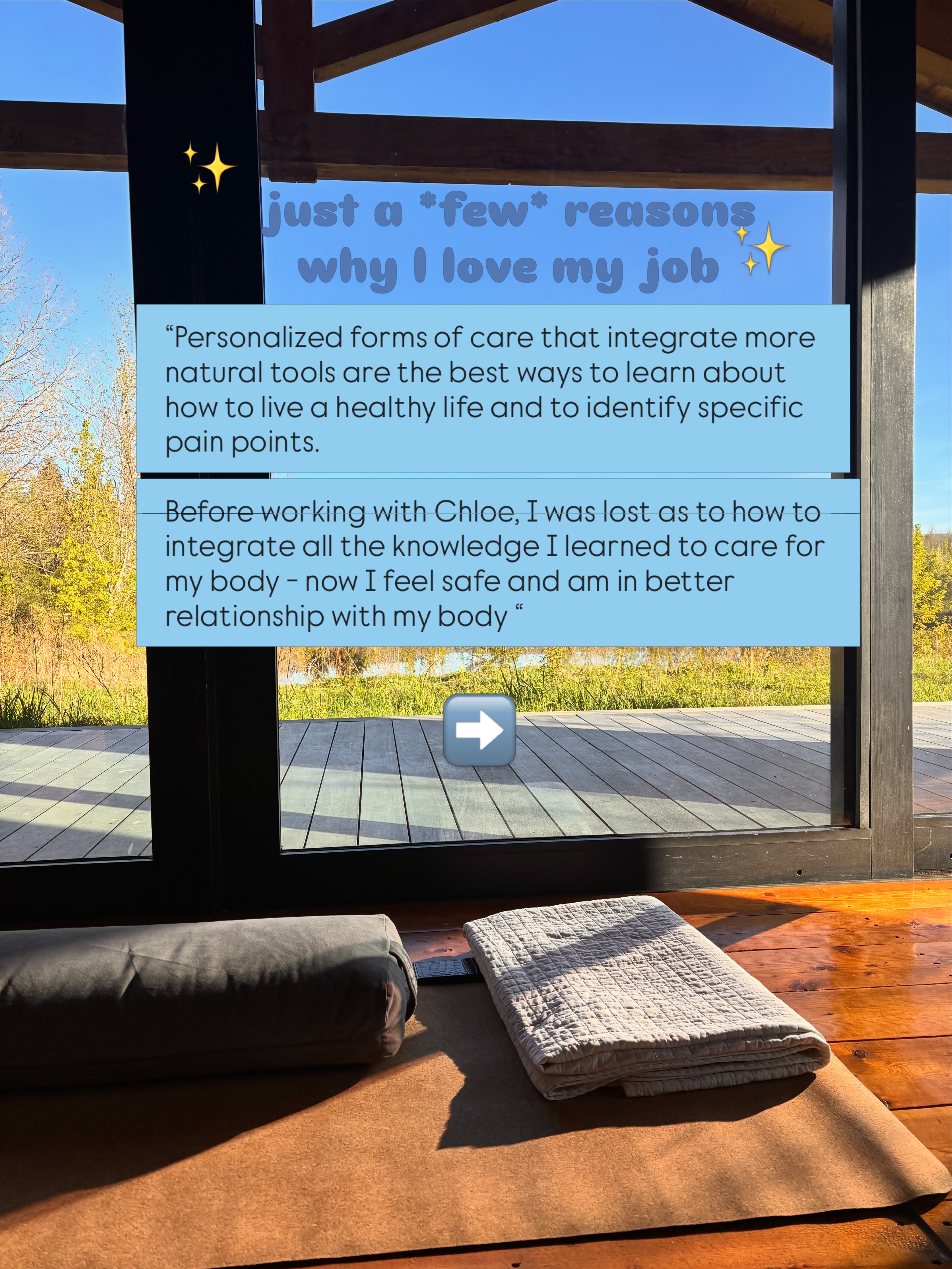 Yoga mat and folded blanket with a client testimonial overlay praising Chloe's coaching