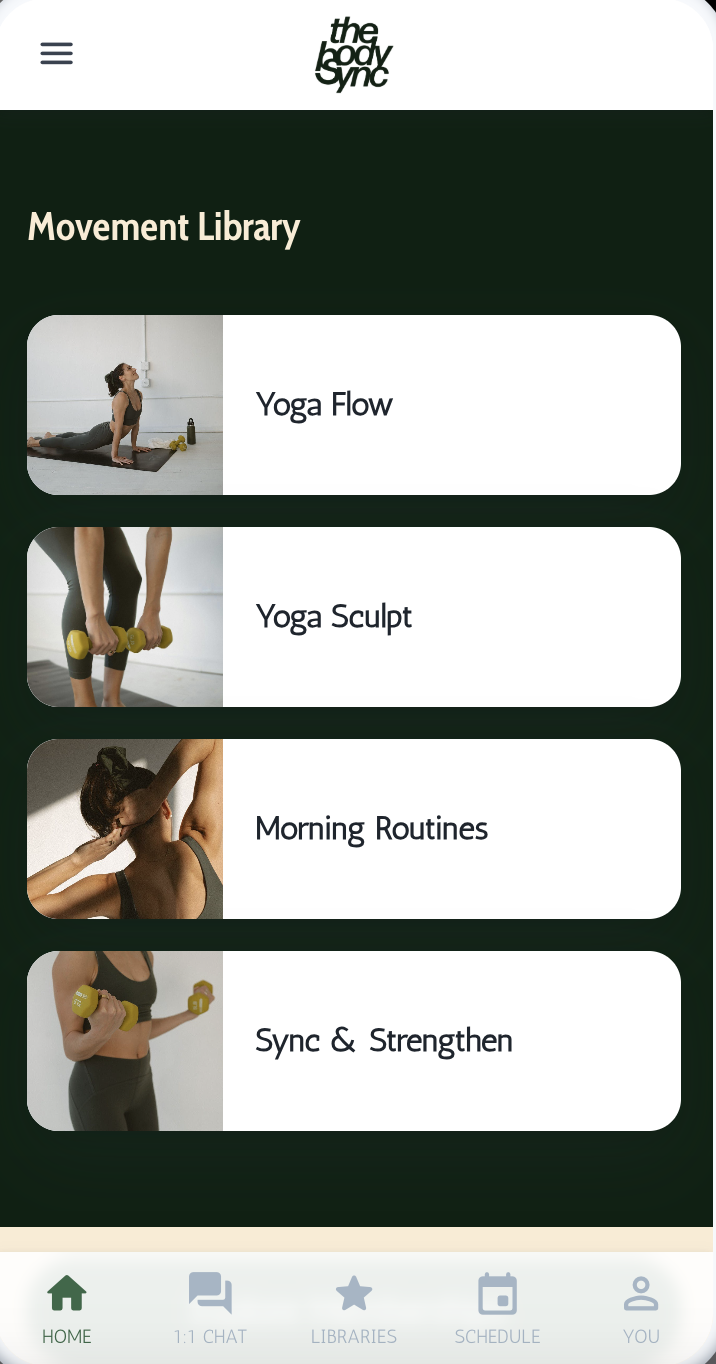 The Body Sync app Movement Library screen with Yoga Flow, Yoga Sculpt, Morning Routines and Sync & Strengthen
