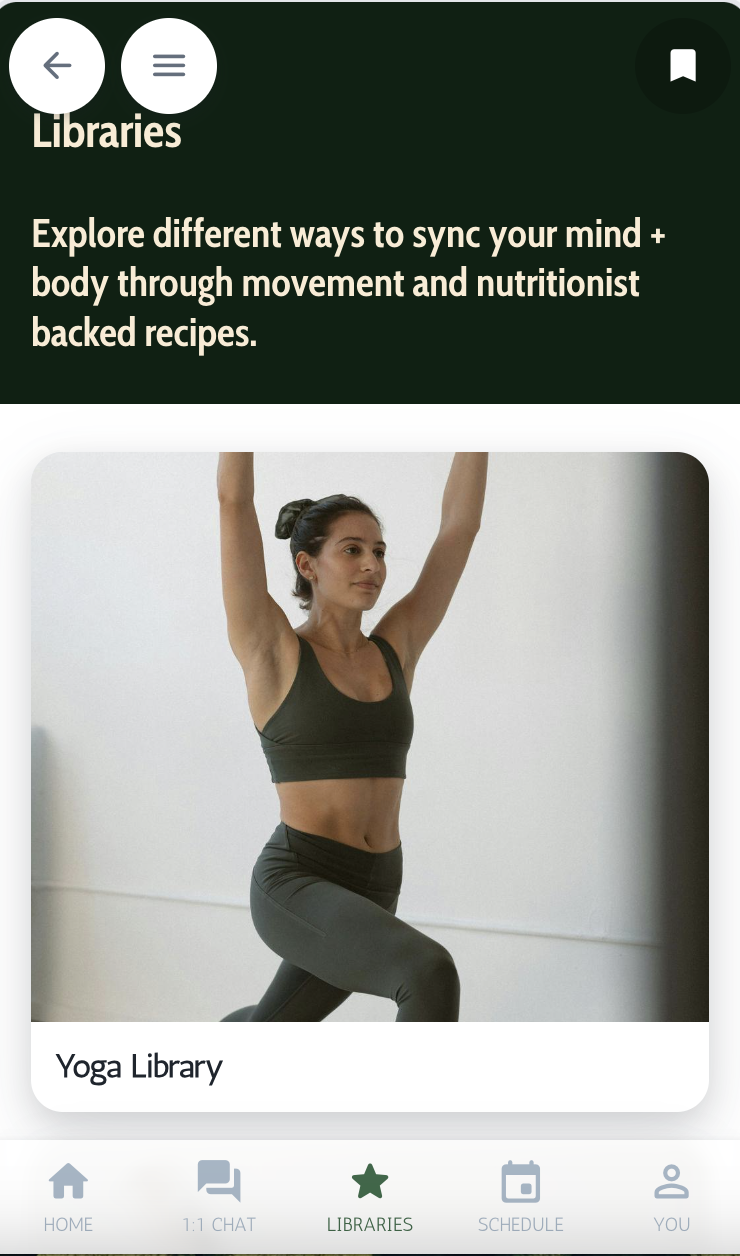 The Body Sync app Libraries screen featuring a Yoga Library card