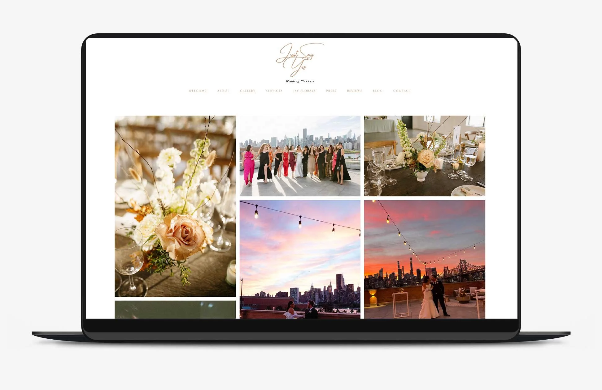 Laptop mockup displaying the Just Say Yes Wedding Planners website gallery with wedding photos