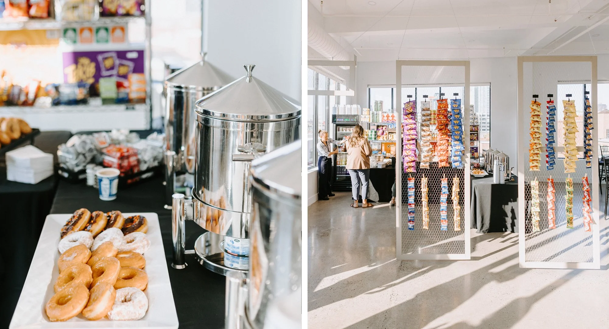 Donut and coffee catering station and event space with snack display racks