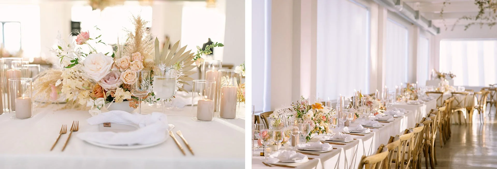 Elegant blush wedding place setting and long reception table with floral runners