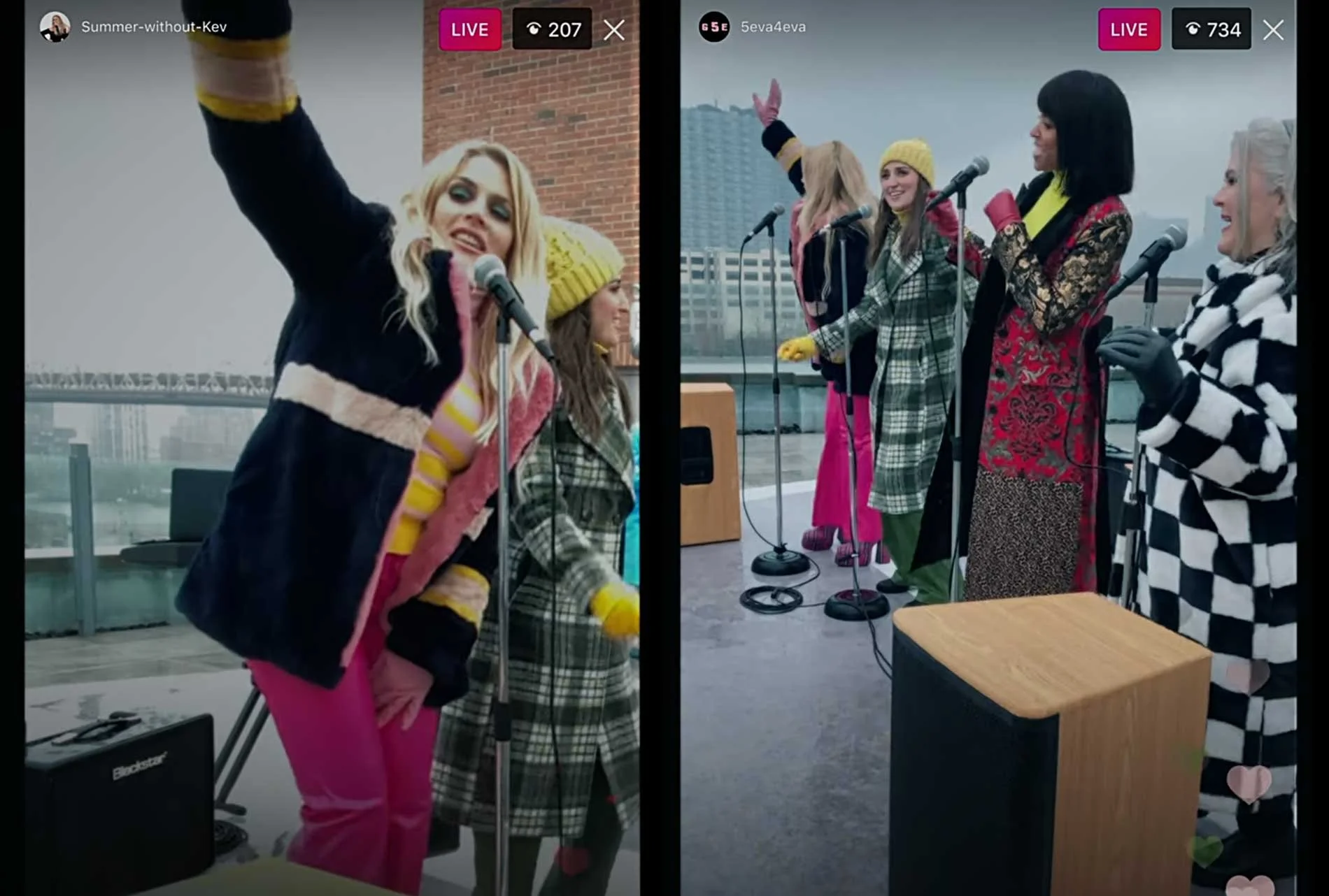 Side-by-side Instagram Live screenshots of performers on a rooftop stage in colorful winter outfits