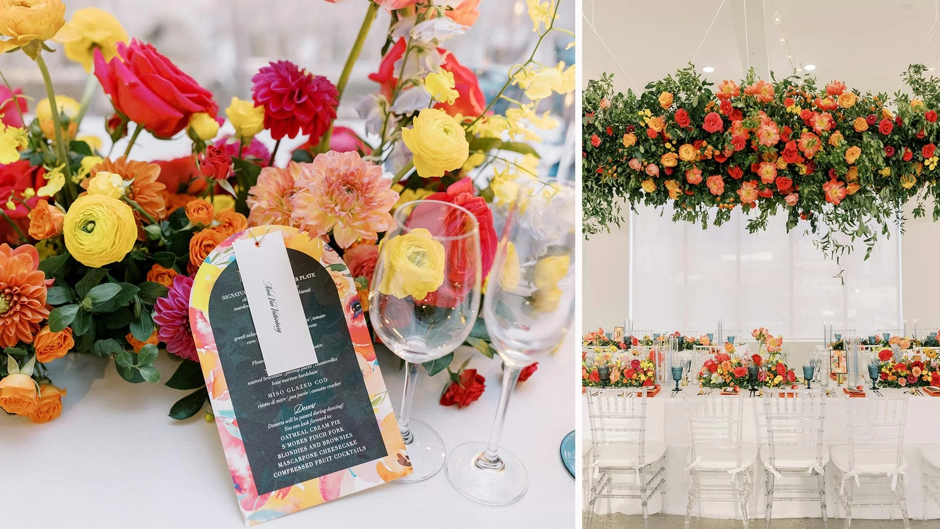 Tropical floral centerpiece with menu card and reception hall with hanging floral installation