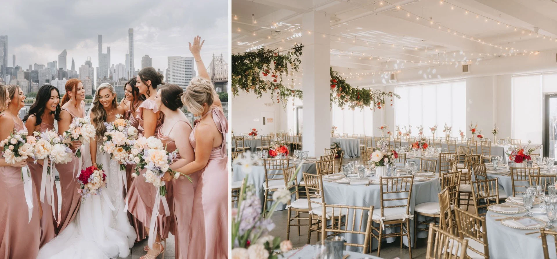 Bridal party in dusty rose dresses on rooftop with NYC skyline and reception hall with gold chiavari chairs