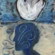 Abstract painting of a white flame or dove above a blue profile of a human head with swirling wind motifs