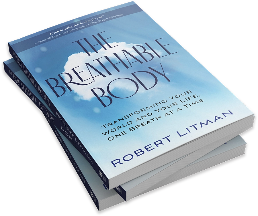 Two stacked copies of The Breathable Body by Robert Litman, with sky and cloud cover art