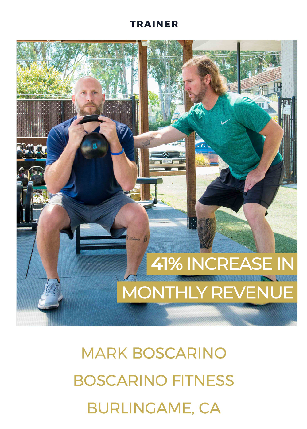 Client results card for Mark Boscarino of Boscarino Fitness, Burlingame CA — 41% Increase in Monthly Revenue