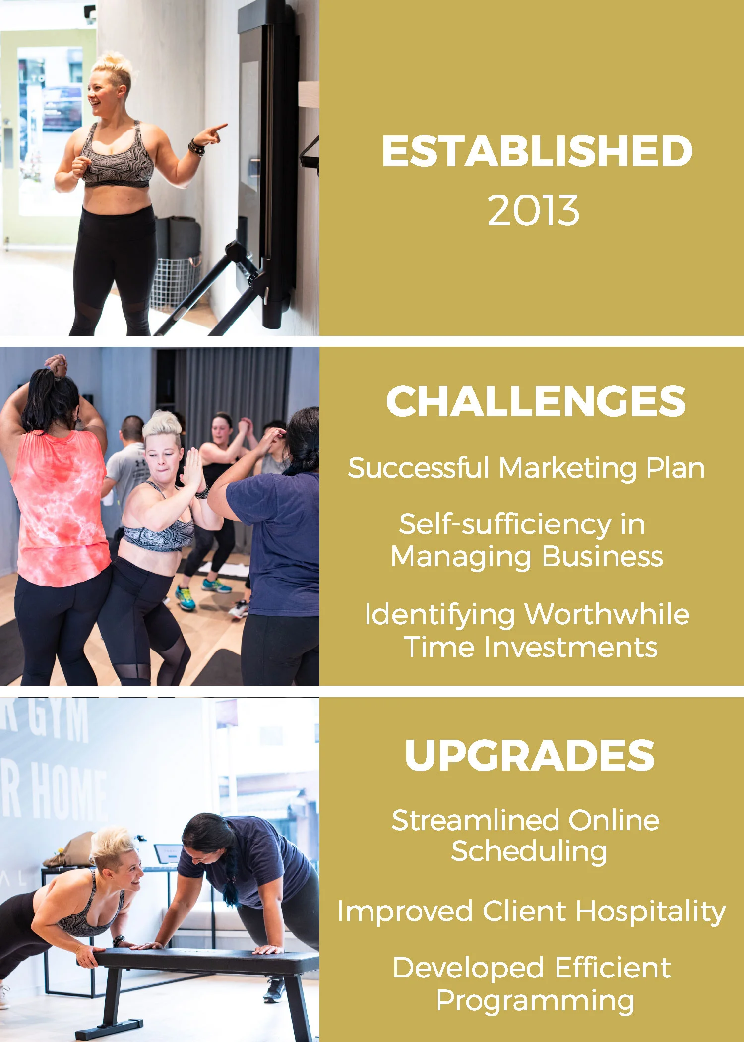 Detailed client results card for Barbell Blondie — established 2013, challenges and upgrades