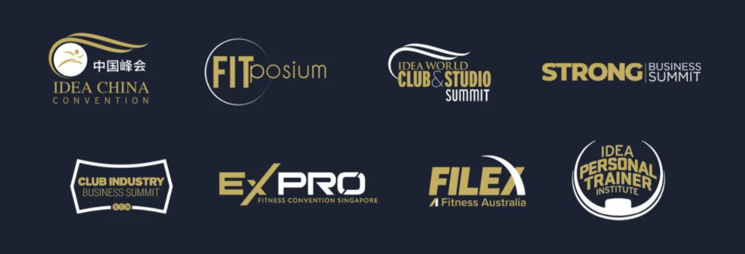 International conference logos: IDEA China, FITposium, IDEA World Club & Studio, STRONG Business Summit, Club Industry, ExPro, FILEX, IDEA Personal Trainer Institute
