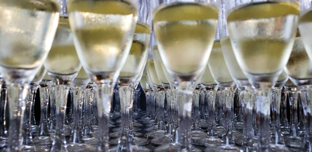 Rows of champagne glasses filled and ready to serve at an event