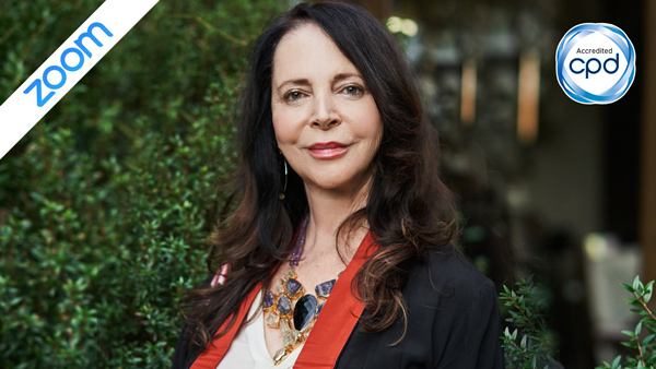Ora Nadrich outdoors in a red blazer and statement necklace, with Zoom and CPD Accredited badges