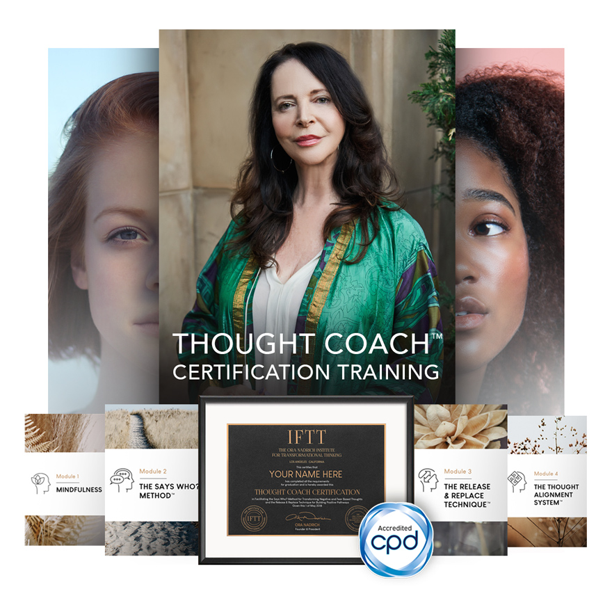 Thought Coach Certification course bundle: Ora Nadrich portrait, IFTT certification diploma, four module cards and the CPD accreditation badge