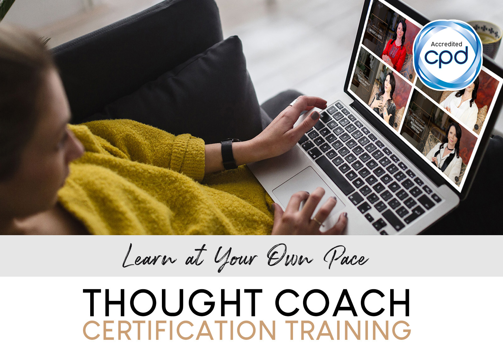 Learn at Your Own Pace course cover: woman in a yellow sweater using a laptop showing course content, with CPD Accredited badge